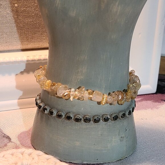 Golden Rutile Quartz Bracelet | Natural Chip Stretch Boho Healing Crystal Gift - Picture 2 of 6